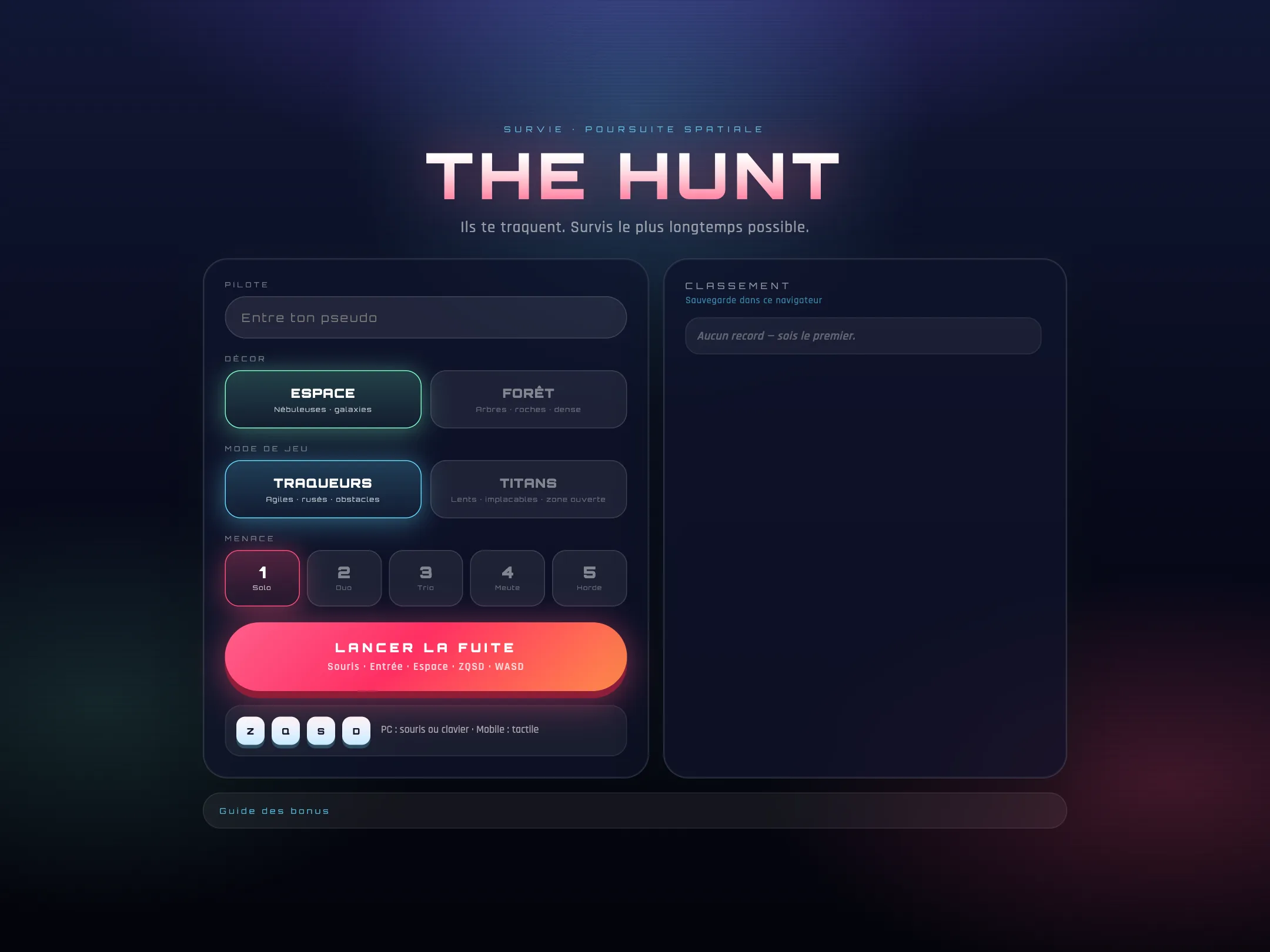 Menu du jeu THE HUNT