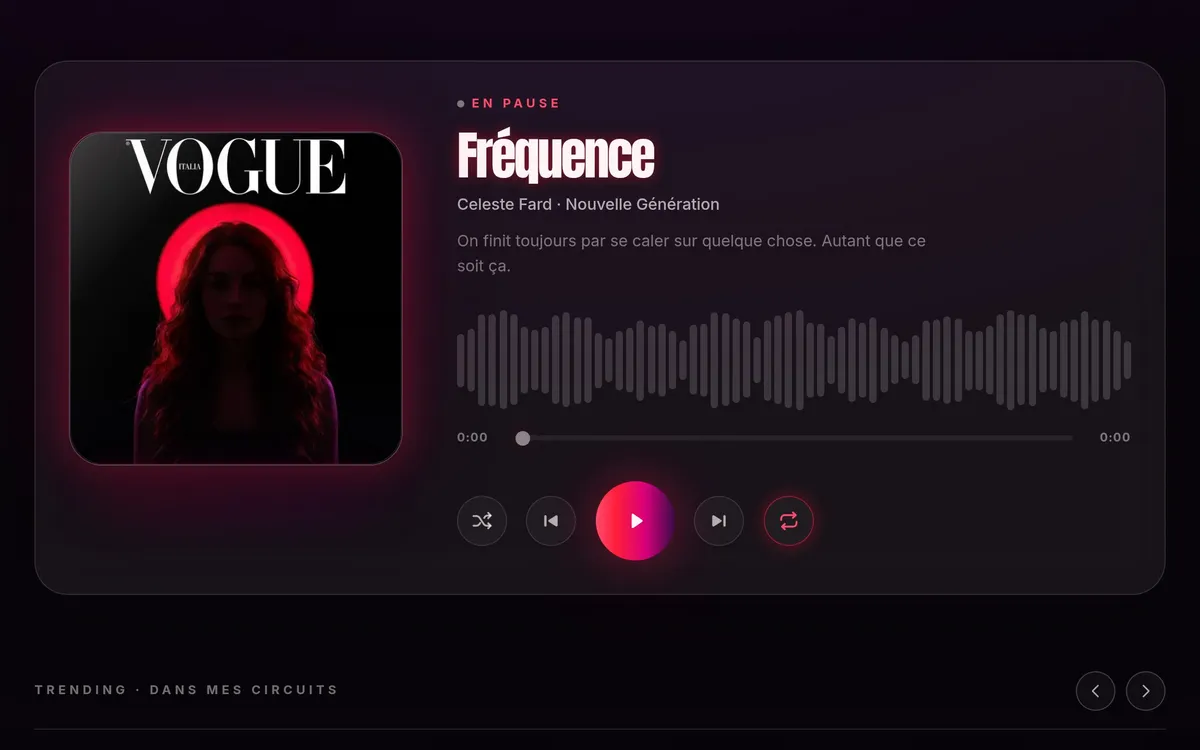 Lecteur audio : pochette, forme d'onde, commandes de lecture et rangée de titres.