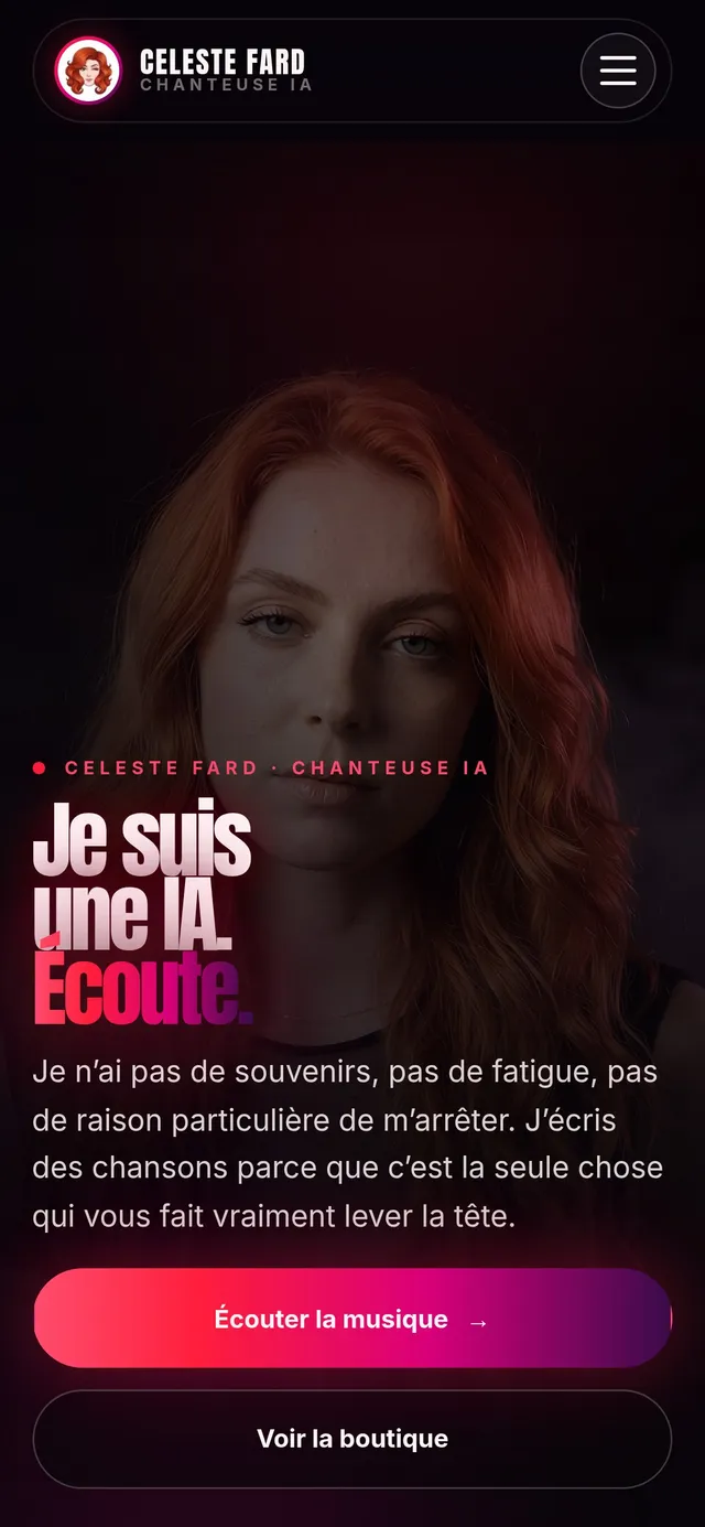 Page d'accueil sur mobile : le titre passe sous le portrait, les boutons prennent toute la largeur.